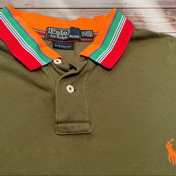 Vintage Olive Green Polo Ralph Lauren Polo Shirt Striped Collar - Picture 2 of 4